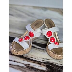Antonio Melani Jisele White Leather Red Stone Cork‎ Wedge Sandals 6M Brazil